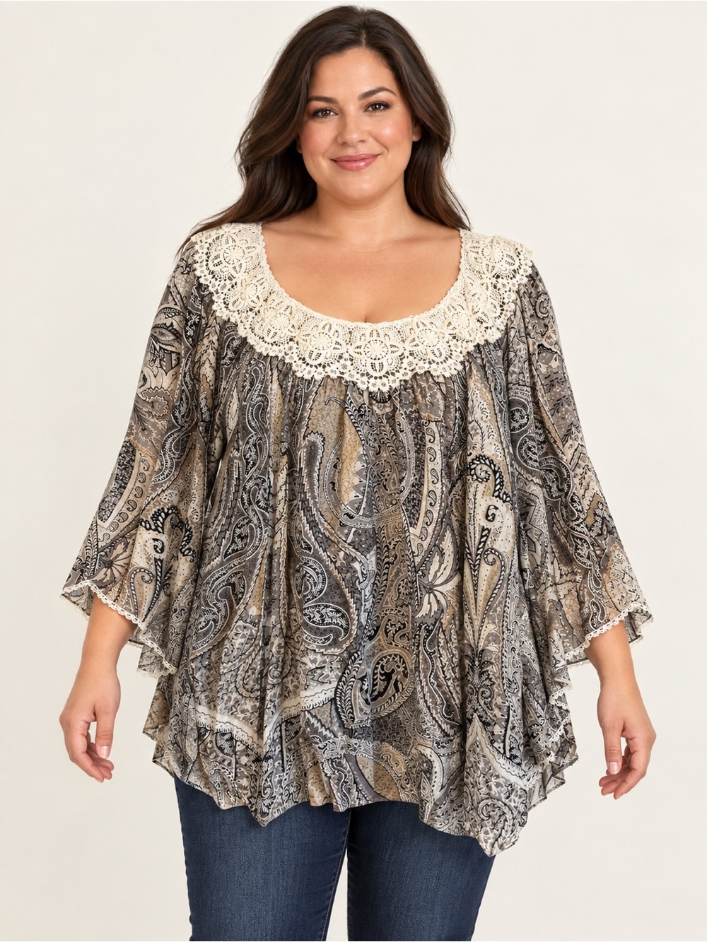 One World 1X Paisley Lace Trim Tunic Top Gray Black Cream Boho NWT